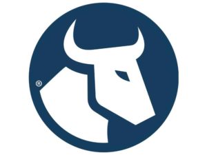 Blue Ox Towing logo, geometric Ox head in navy blue circle